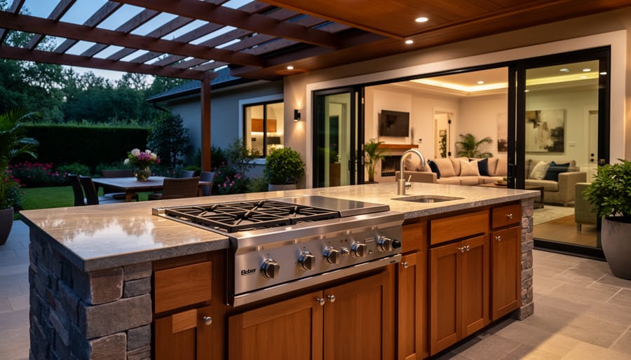 Built-in natural gas outdoor stove integrated into stone countertop outdoor kitchen