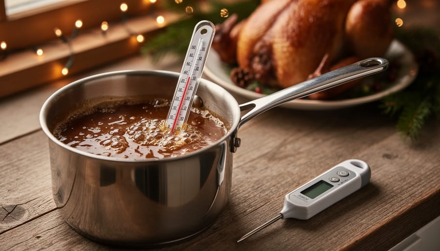 Candy thermometer clipped to a pot of bubbling caramel next to a meat thermometer on a wooden counter, with a blurred holiday kitchen scene and resting roast in the background.