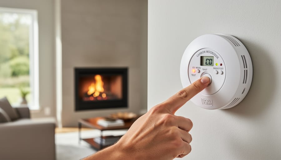 Carbon monoxide detector mounted on wall near doorway in home interior