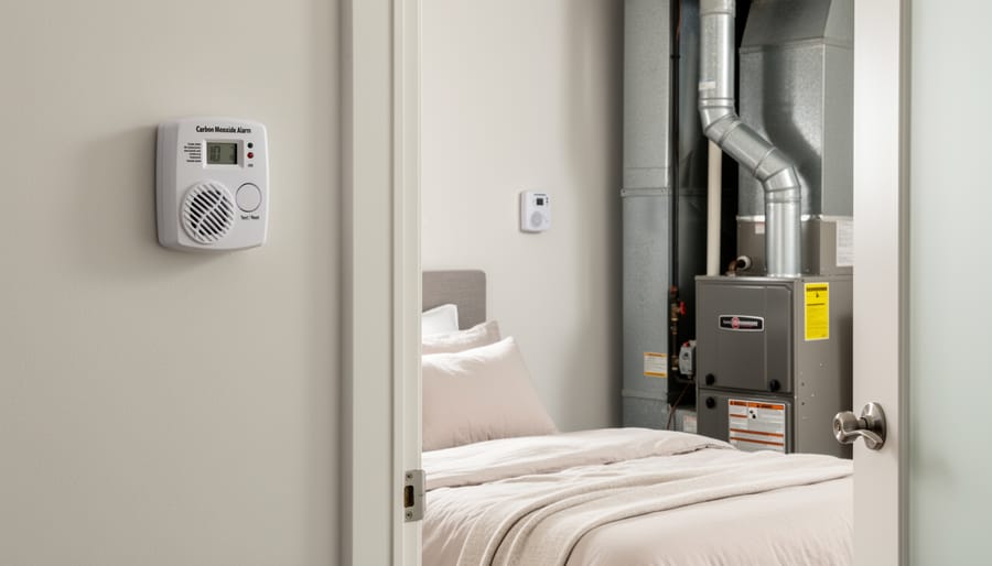 Carbon monoxide and smoke detectors installed on residential wall near ceiling