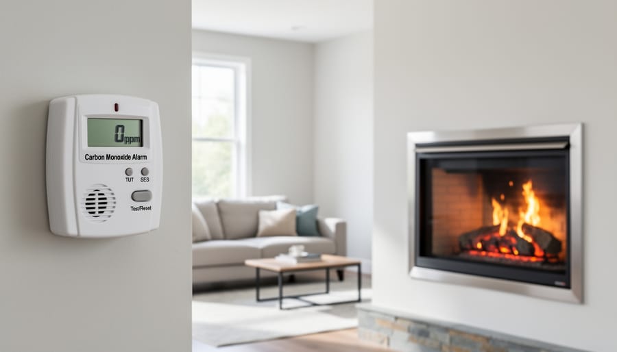 Carbon monoxide detector installed on wall near gas fireplace