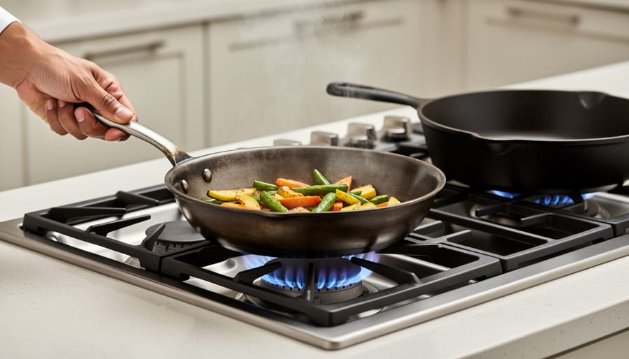 Close-up detail of seasoned carbon steel cookware showing bronze patina