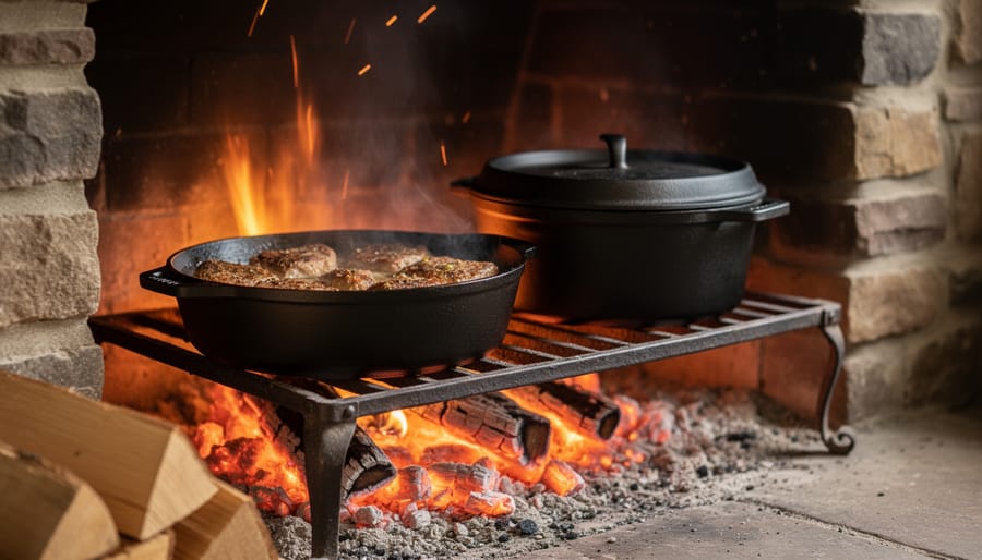 Cast iron skillet suspended over glowing fireplace coals in traditional hearth