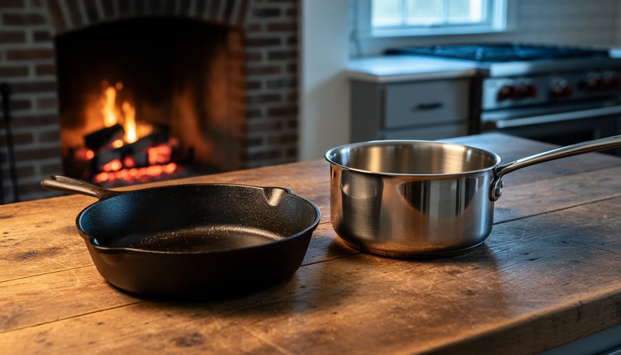 Cast iron skillet and tri-ply stainless pan on a rustic wood workbench, photographed from a 45-degree angle with warm hearth light and cool window fill, with a blurred brick fireplace and stainless gas range in the background.
