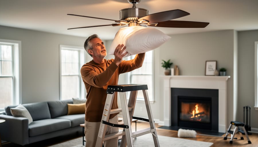 Person on a step ladder slipping a pillowcase over a ceiling fan blade to capture dust, in a bright living room with a fireplace and sofa blurred in the background, soft natural light, focus on hands and fan.