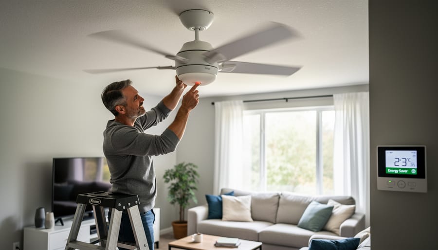 Hand adjusting ceiling fan reverse switch for seasonal direction change