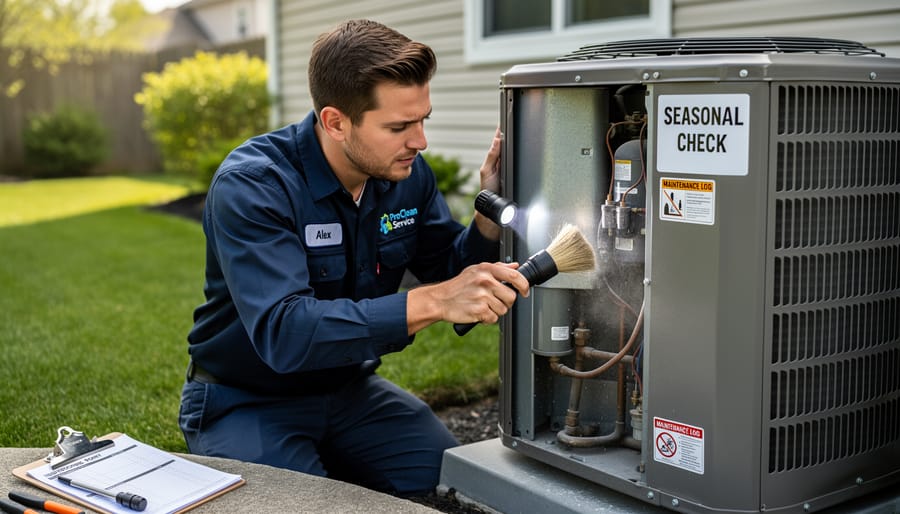 Person cleaning and maintaining outdoor chiminea with brush and tools