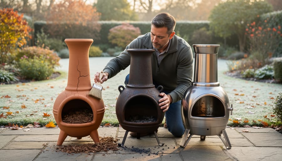 Clay chiminea showing signs of weathering and cracks from seasonal exposure