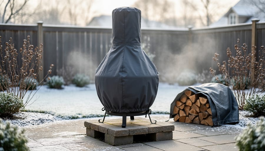 Chiminea protected with weatherproof cover on patio during winter season