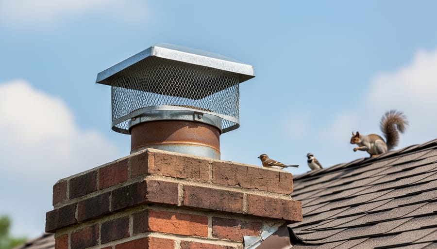 Metal chimney cap with protective wire mesh installed on brick chimney