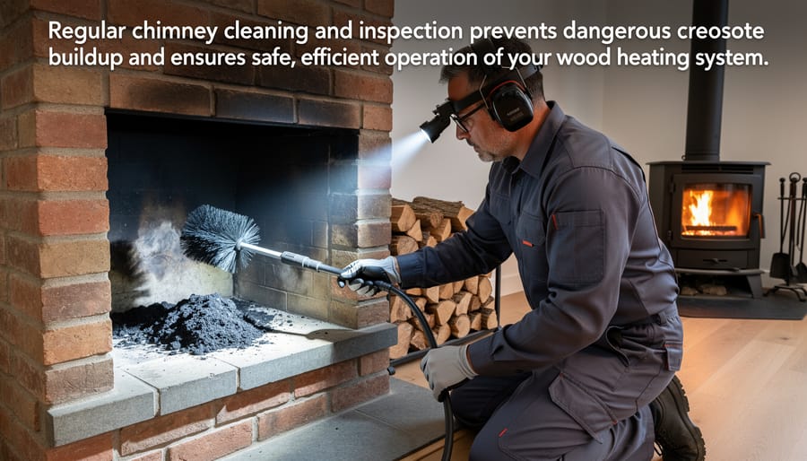Chimney sweep brush emerging from residential chimney during professional cleaning and maintenance