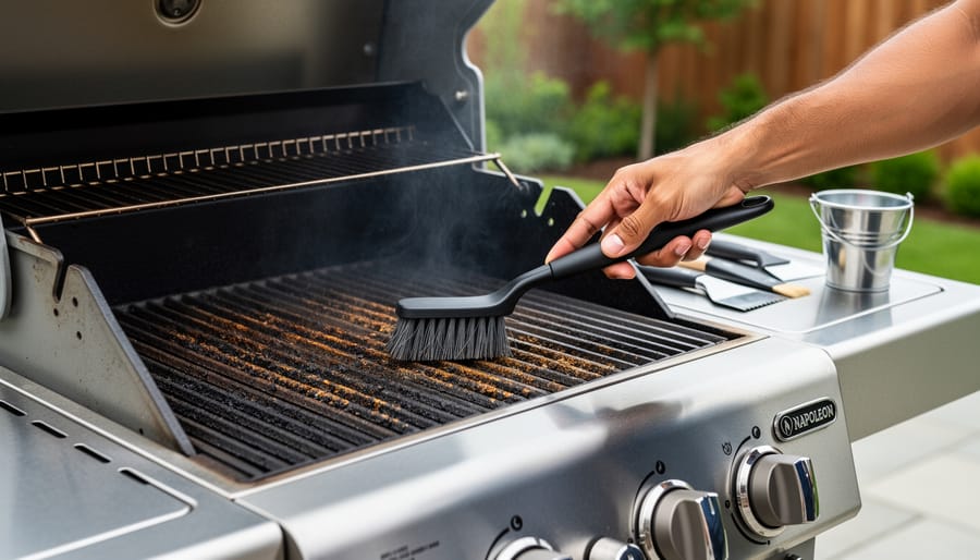 Close-up of brass grill brush cleaning stainless steel cooking grates