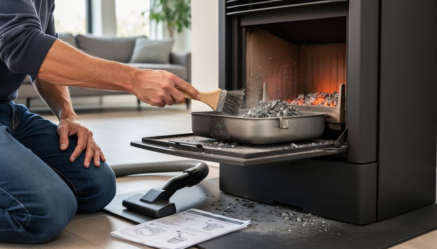 Close-up of hands cleaning pellet stove burn pot with metal brush