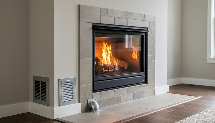 Wall-mounted combustion air vent grille installed near fireplace