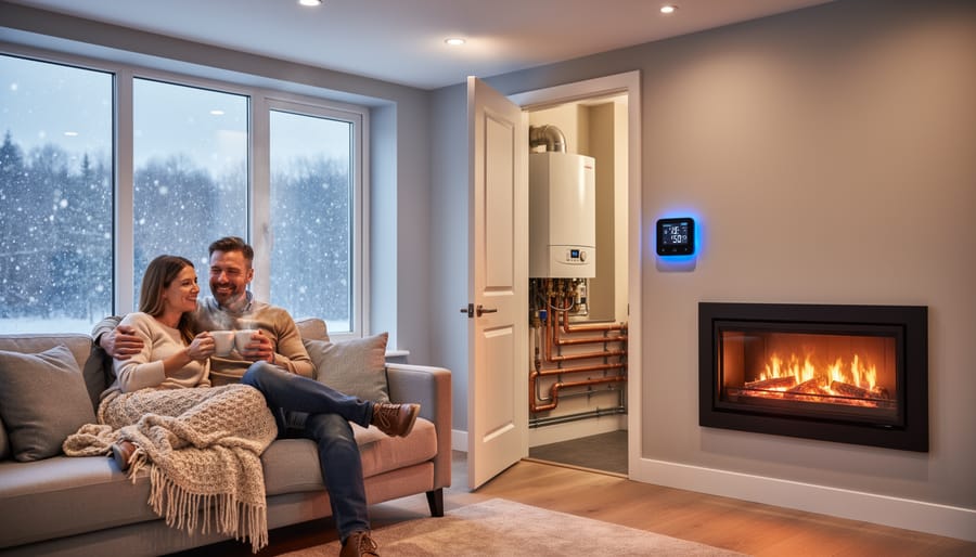 Comfortable modern living room interior with thermostat showing efficient home heating