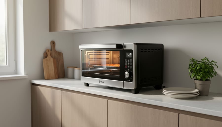 Compact 5-in-1 oven on modern kitchen counter demonstrating space-efficient design