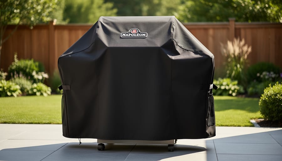 Napoleon grill protected with fitted cover on outdoor patio
