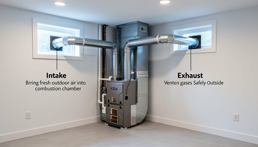 Direct-vent fireplace exterior termination showing dual-pipe combustion air system