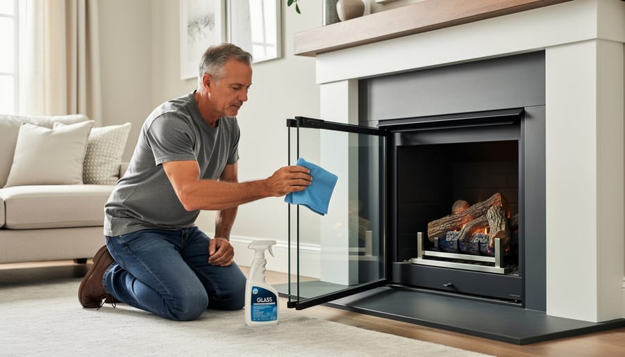 Homeowner performing DIY maintenance cleaning on gas fireplace glass
