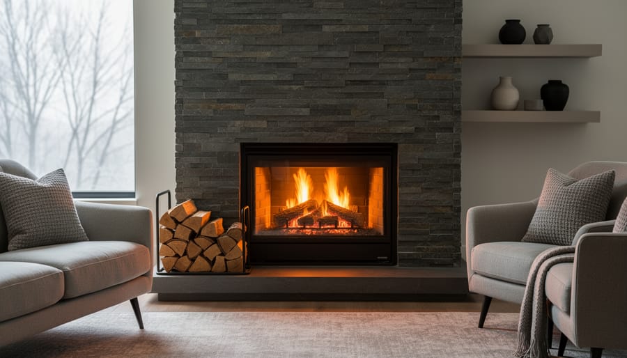 Modern living room featuring a dual-fuel fireplace insert with flames, stone surround, ceramic logs in the firebox, and a rack of seasoned firewood beside the hearth, lit by warm firelight and soft daylight.