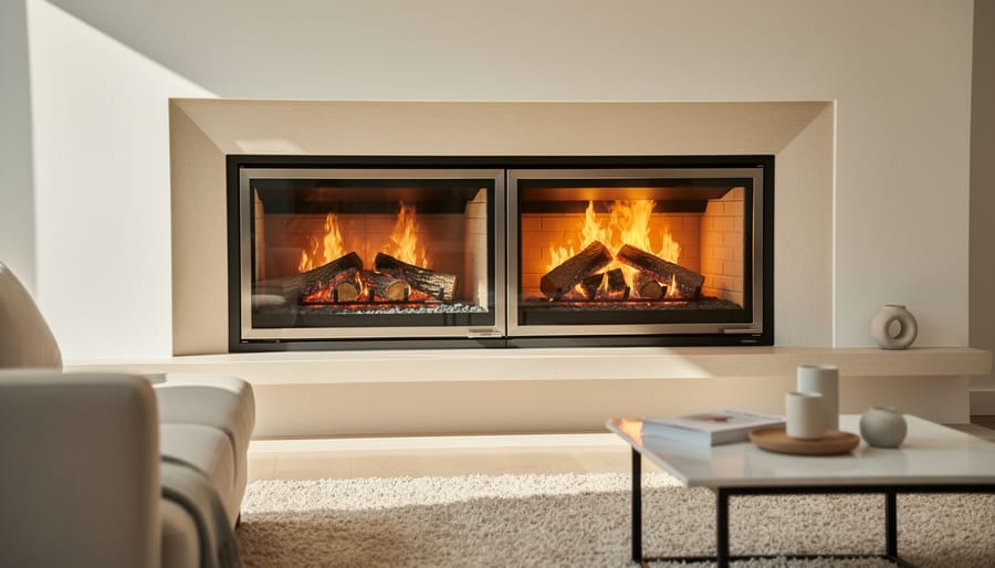 Dual fuel fireplace insert installed in stone hearth showing flames in modern living room