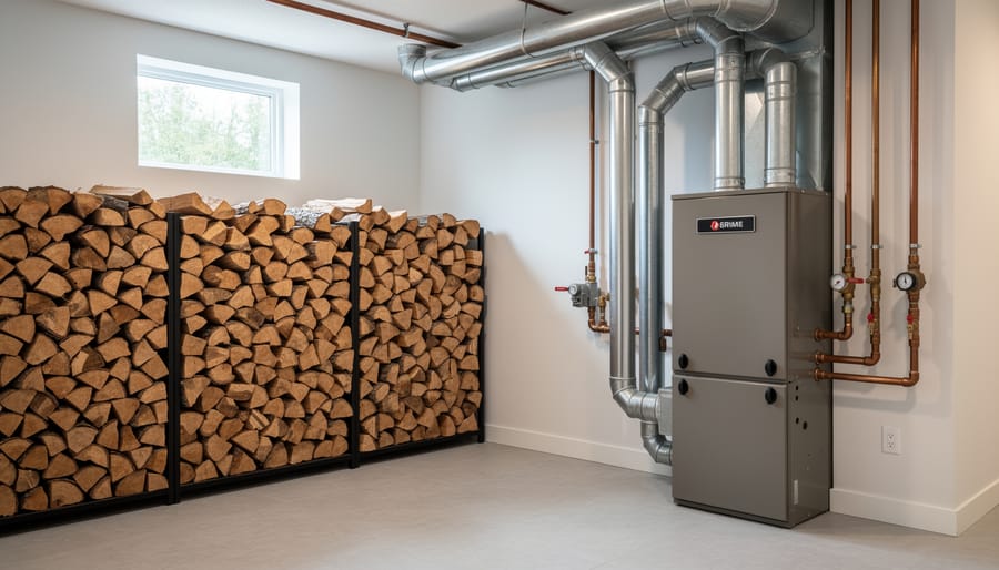Stacked firewood and gas meter showing dual fuel source requirements for home heating
