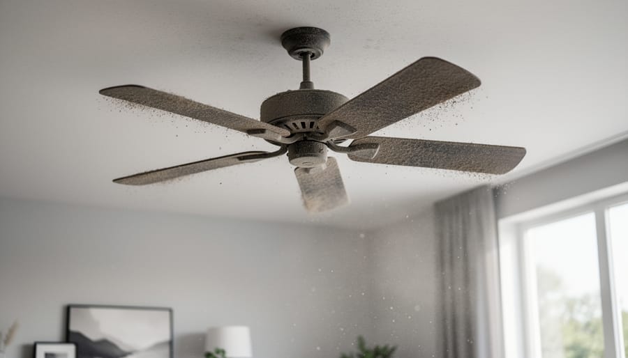 Dusty ceiling fan blades showing heavy dust accumulation
