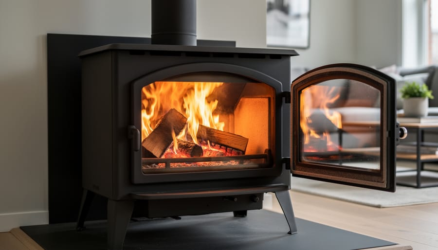 Close-up of efficiently burning coal bed with blue flames in multi-fuel stove
