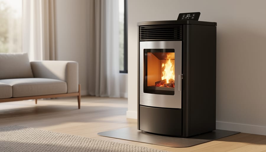 Modern pellet stove with visible flames operating in contemporary living room setting