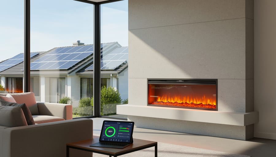 Modern living room with electric fireplace and solar panels visible through windows