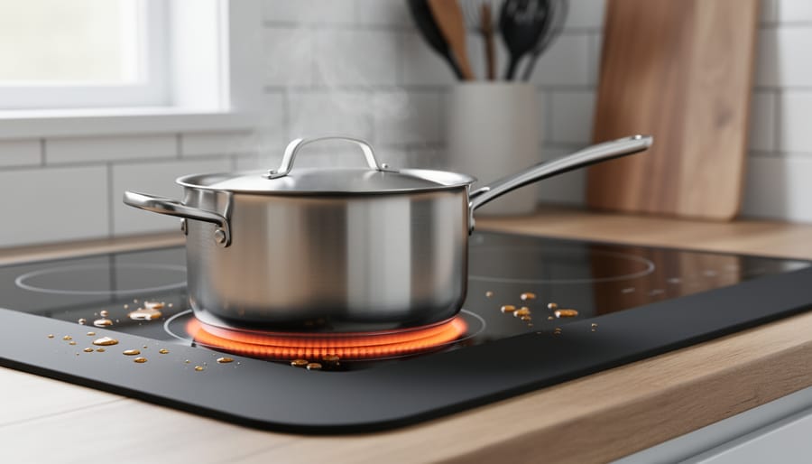 Close-up of a black silicone heat-protecting mat fitted around an active burner on a modern electric glass-ceramic cooktop, with a stainless steel saucepan steaming and small splatters visible on the mat; bright kitchen background softly blurred.