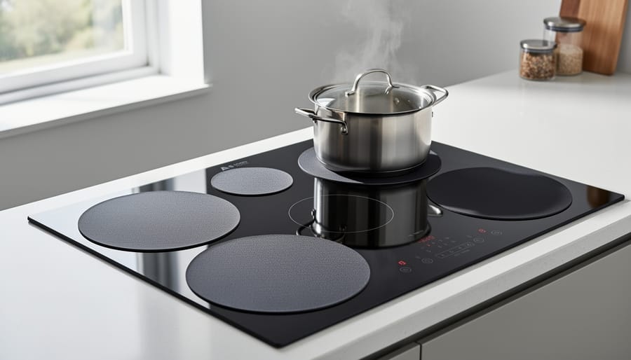 Overhead view of silicone stove mat placed on black glass electric cooktop