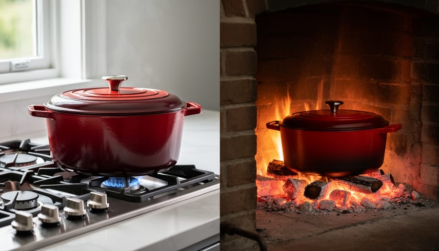 Enameled cast iron pot in modern kitchen with traditional fireplace hearth visible