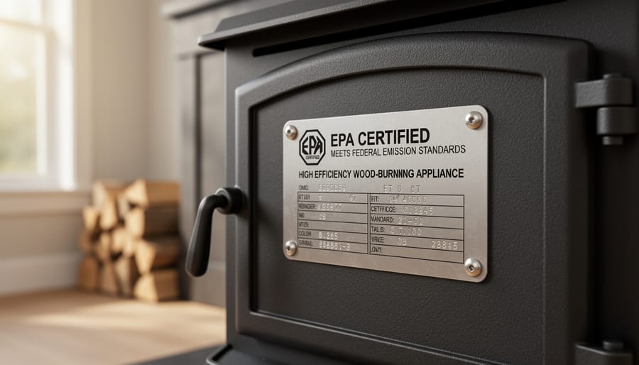 EPA certification label on wood-burning stove showing compliance standards
