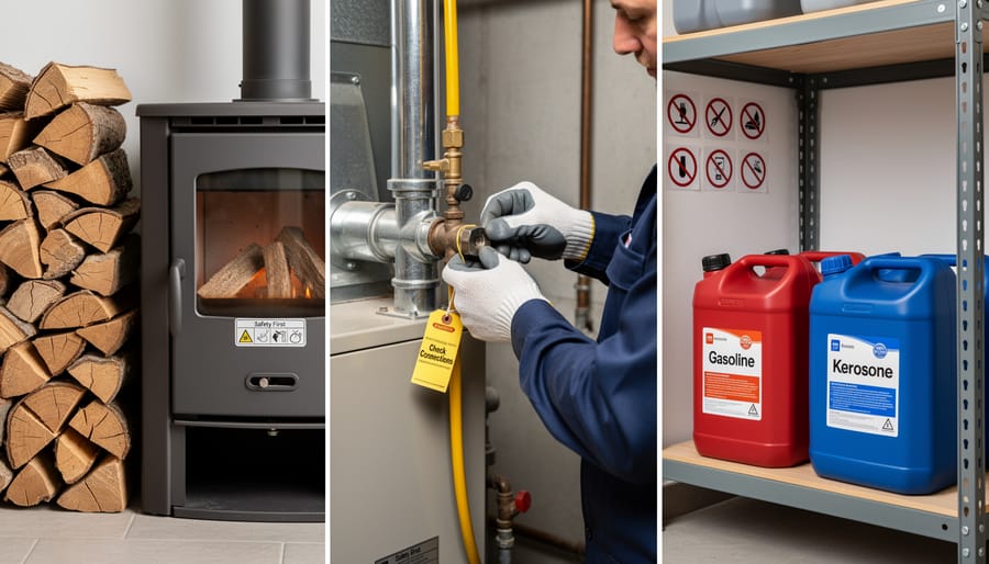 Comparison showing seasoned firewood and propane tank connection for fire pits