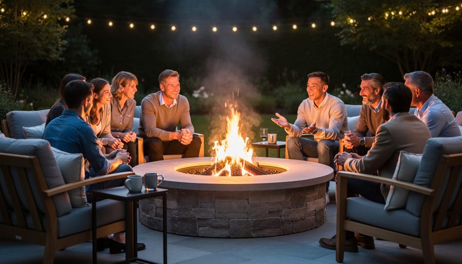Circular fire pit surrounded by chairs in backyard setting during golden hour