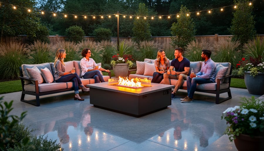 Family and friends gathered around fire pit on comfortable patio seating at night
