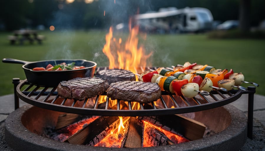 Steaks and vegetables grilling over wood coals in outdoor fire pit