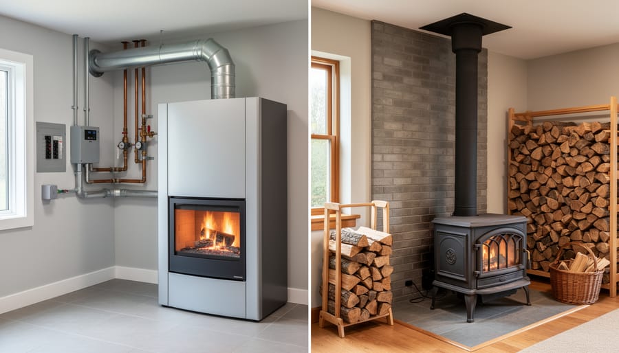 Backyard setup showing gas line installation and firewood storage area