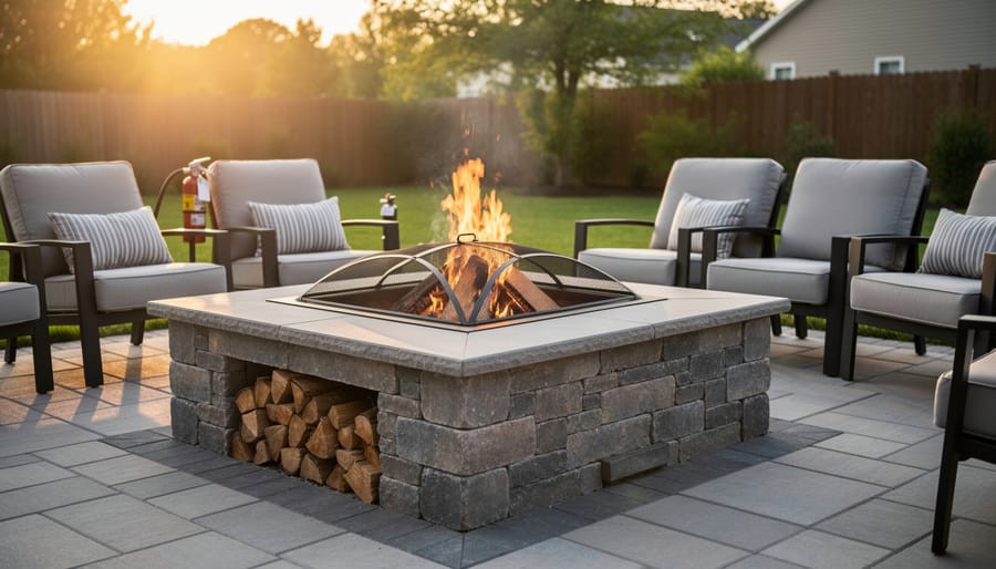 Modern steel fire pit with safety screen on stone patio surface