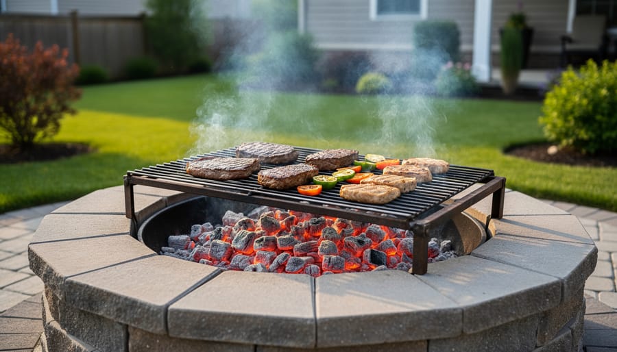Outdoor fire pit with grill grate and smoking wood setup for cooking