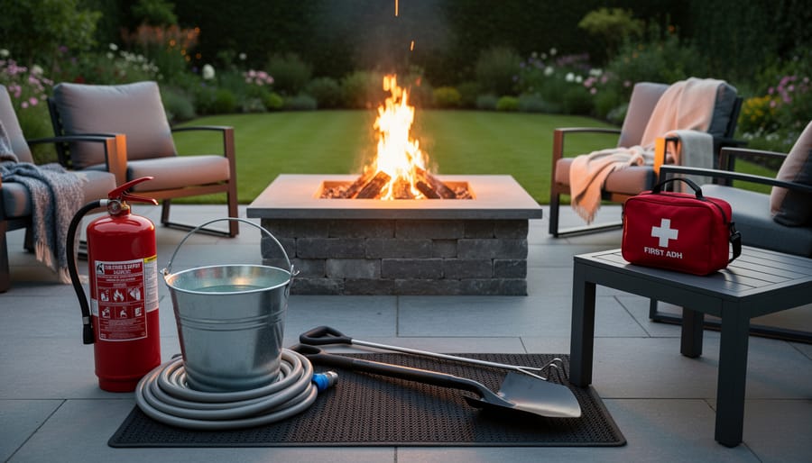 Fire safety equipment including extinguisher, water bucket, spark screen, and protective gloves