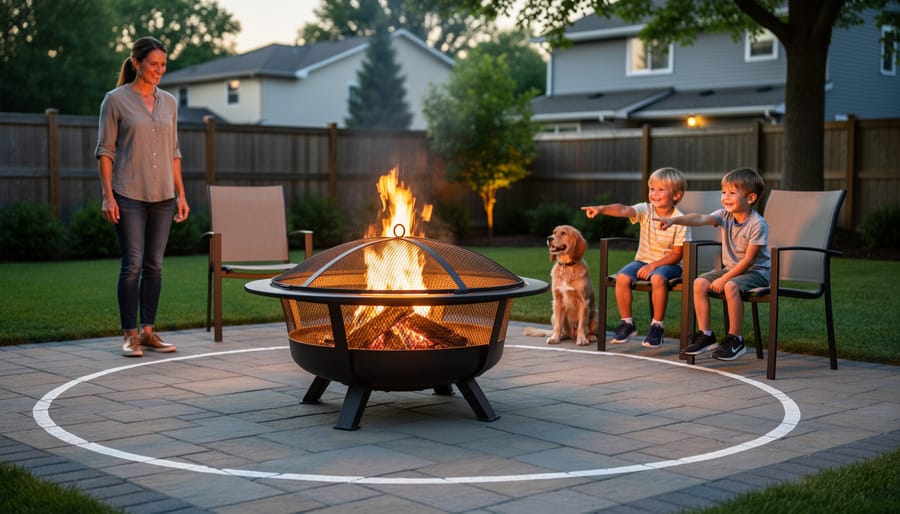 Outdoor fire pit with safety screen and clearance zone while children play at safe distance