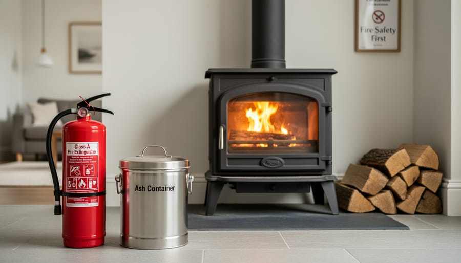Fire extinguisher and ash bucket positioned near wood burning stove on protective hearth pad