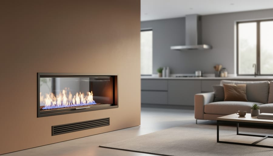 Eye-level wide shot of a modern living room with a glass-front gas fireplace showing blue flames and a small wall vent beside the hearth, soft daylight and warm firelight, with a blurred kitchen and stainless range hood in the background.