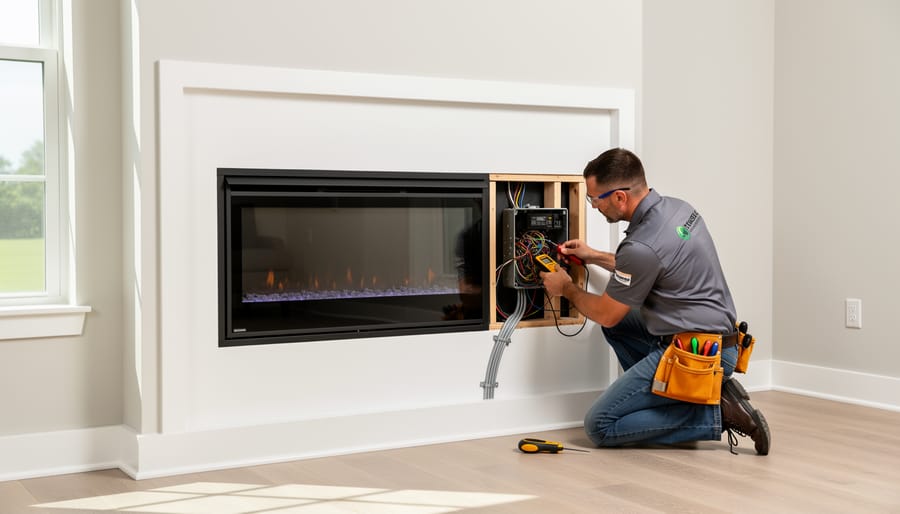 Electrician installing wiring and electrical components for electric fireplace