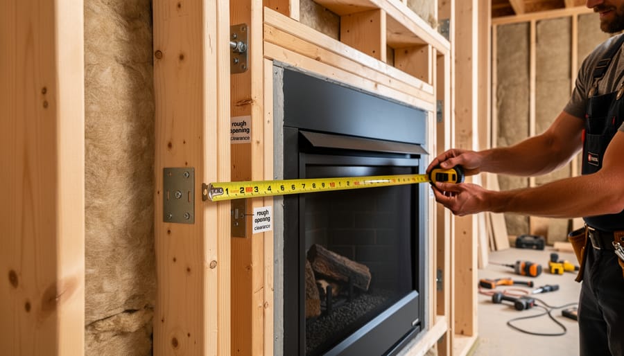 Carpenter measuring wood framing for zero clearance fireplace installation
