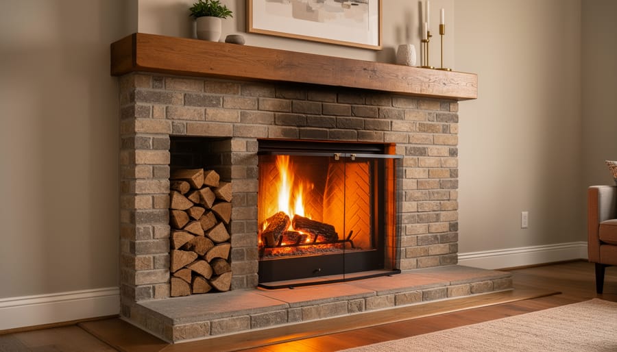 Cozy brick fireplace with burning fire in comfortable living room setting