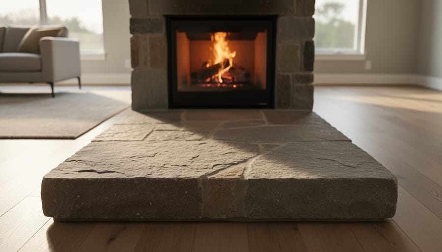 Modern living room with wood-burning fireplace and wide stone hearth extension; area rug and sofa positioned at a safe distance; warm side light over wood floors and stone surround.