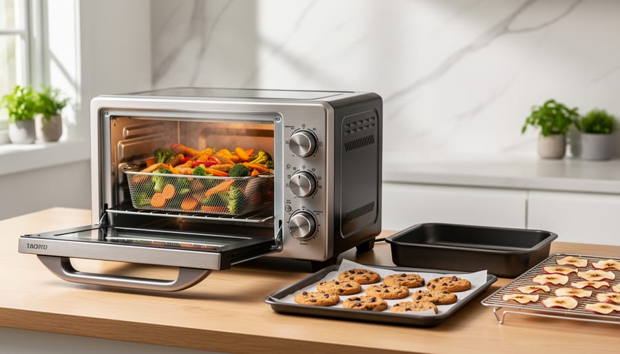 Modern stainless-steel 5-in-1 countertop oven on a wooden counter with the door slightly open showing an air-fry basket of vegetables, plus a baking tray of cookies, a broiler pan, and a dehydrator rack with apple slices; bright, minimal kitchen backdrop with potted herbs, no visible text.